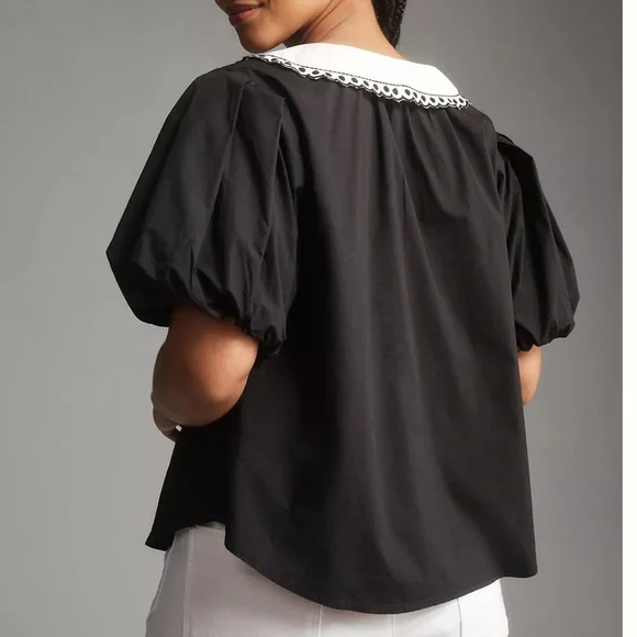 Anthropologie Black Blouse with White Embroidered Collar - Picture 3 of 5